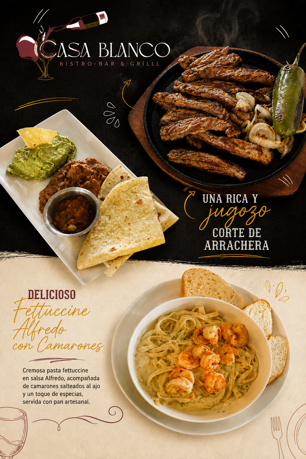 Arrachera y fettuccine para abrir el día con antojo