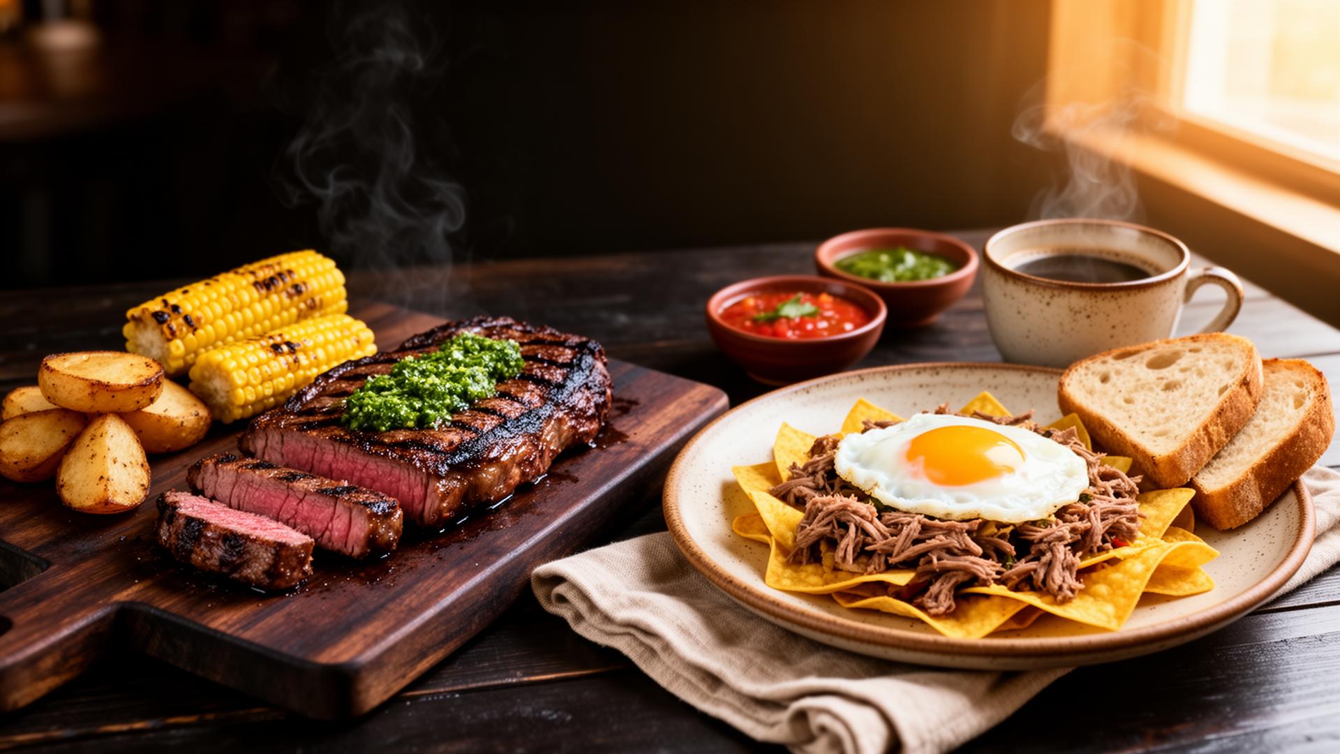 Mesa premium de Casa Blanco: corte a la parrilla con chimichurri junto a chilaquiles con carne, pan artesanal y café